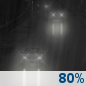 Tonight: A chance of rain showers between 7pm and 8pm, then rain between 8pm and 2am, then a chance of rain showers. Cloudy, with a low around 56. South wind around 5 mph. Chance of precipitation is 80%. New rainfall amounts less than a tenth of an inch possible. Tonight: Light Rain